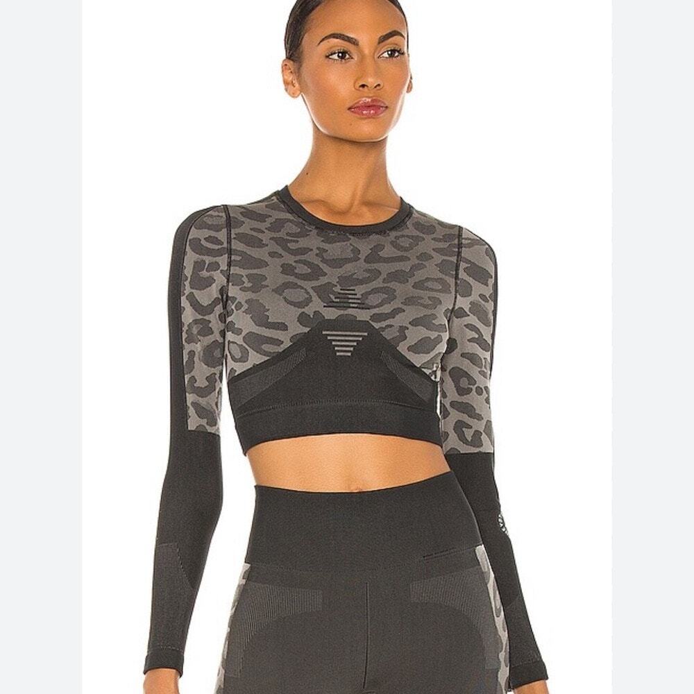 Adidas Stella McCartney Trupur Crop Top Long Sleeve XS Black Ash Grey Leopard